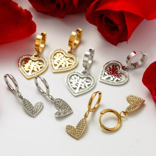 Titanium Steel Earrings, Heart, Vacuum Ion Plating & micro pave cubic zirconia & for woman 