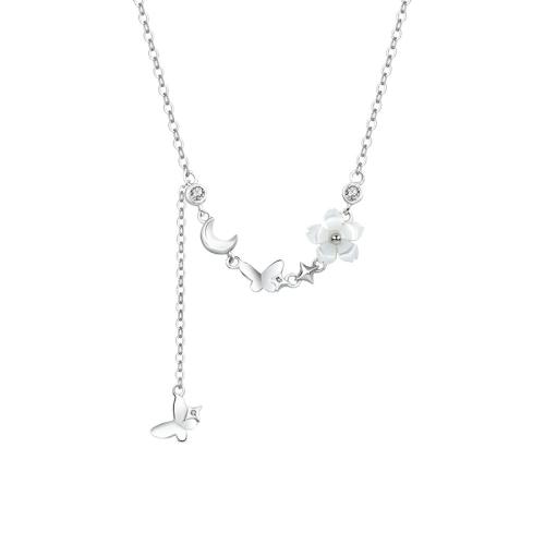 Cubic Zircon Micro Pave Sterling Silver Necklace, 925 Sterling Silver, with White Shell, with 5CM extender chain, micro pave cubic zirconia & for woman, platinum color Approx 40 cm 