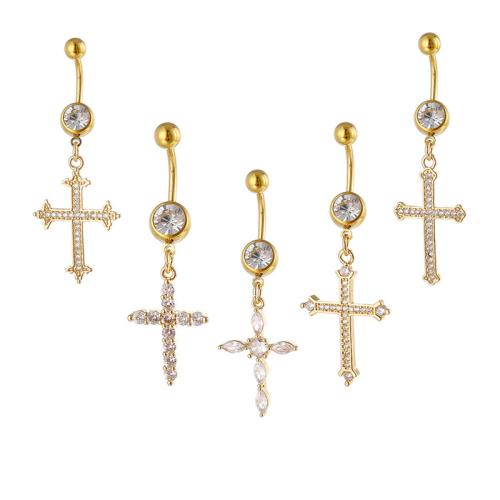 Stainless Steel Belly Ring, Brass, with 316 Stainless Steel, Unisex & micro pave cubic zirconia, golden, 5MM steel ball *1.6*10MM 
