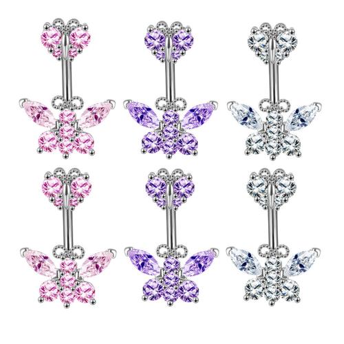 Stainless Steel Belly Ring, Brass, plated, micro pave cubic zirconia & for woman Small butterfly width 7.5MM* height 6MM1.6*+ large butterfly 14MM* height,10MM-1.6mm bend rod 