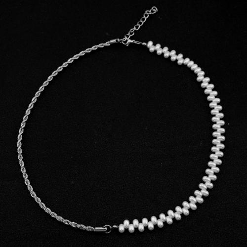 Stainless Steel Jewelry Necklace, 304 Stainless Steel, with Plastic Pearl, polished, fashion jewelry & for woman, original color 