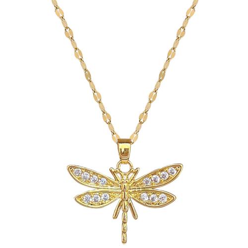 Stainless Steel Jewelry Necklace, 304 Stainless Steel Chain, with Brass, with 5cm extender chain, Dragonfly, gold color plated, fashion jewelry & micro pave cubic zirconia & for woman cm 