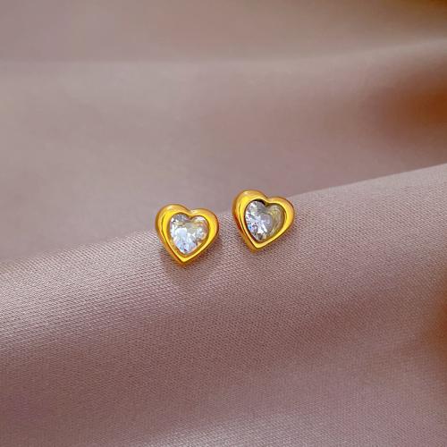Stainless Steel Stud Earring, 304 Stainless Steel, with Cubic Zirconia, Heart, Vacuum Ion Plating, fashion jewelry & for woman 