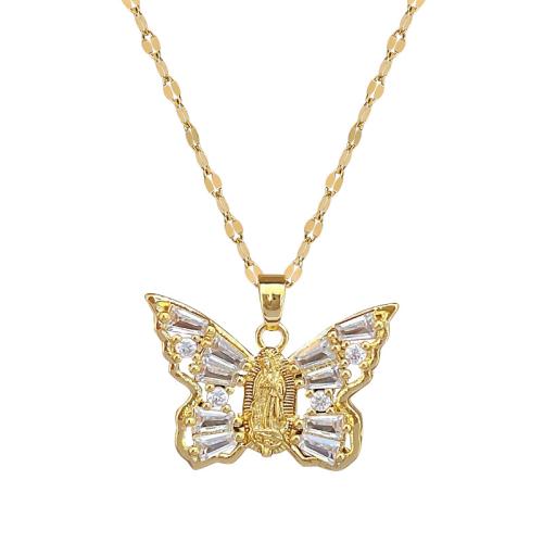 Cubic Zirconia Stainless Steel Necklace, 304 Stainless Steel Chain, with Brass, with 5cm extender chain, Butterfly, gold color plated, fashion jewelry & micro pave cubic zirconia & for woman cm 