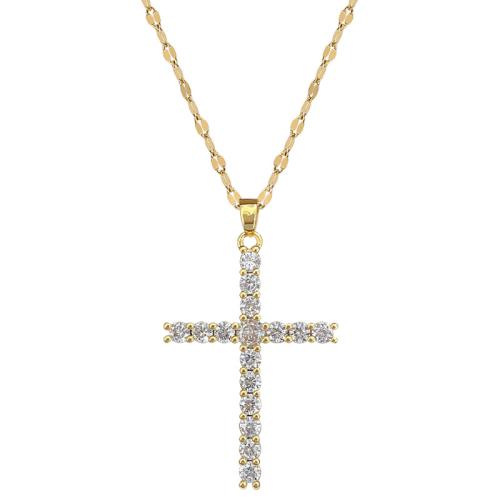 Cubic Zirconia Stainless Steel Necklace, 304 Stainless Steel, with 5cm extender chain, Cross, Vacuum Ion Plating, fashion jewelry & micro pave cubic zirconia & for woman, golden cm 