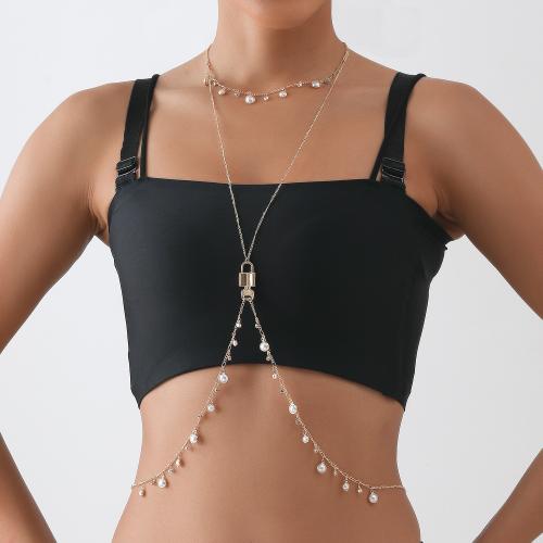 Body Chain Jewelry, Zinc Alloy, with Plastic Pearl, gold color plated, for woman & with rhinestone 