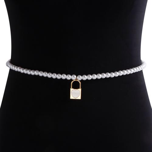 Körperschmuck-Kette, Zinklegierung, mit Perlenoste & Kunststoff Perlen, Türschloss, goldfarben plattiert, für Frau, weiß, verkauft von PC