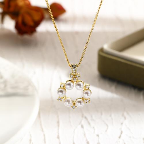 Brass Cubic Zirconia Necklace, with Cubic Zirconia & Plastic Pearl, with 5CM extender chain, plated, DIY cm [