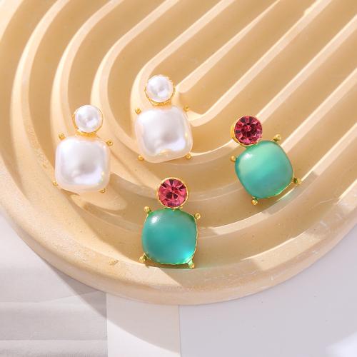 Zinc Alloy Drop Earring, with Resin & Plastic Pearl, plated, fashion jewelry & with rhinestone 