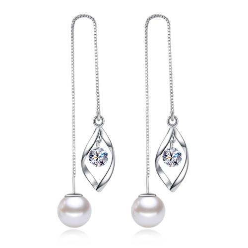 925 Sterling Silver Thread Through Earrings, with Freshwater Pearl, Geometrical Pattern, platinum plated, for woman & with cubic zirconia & hollow, 113mm [