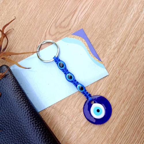 Evil Eye Key Chain, Lampwork, with Knot Cord & Zinc Alloy, Flat Round, handmade, Unisex & evil eye pattern 