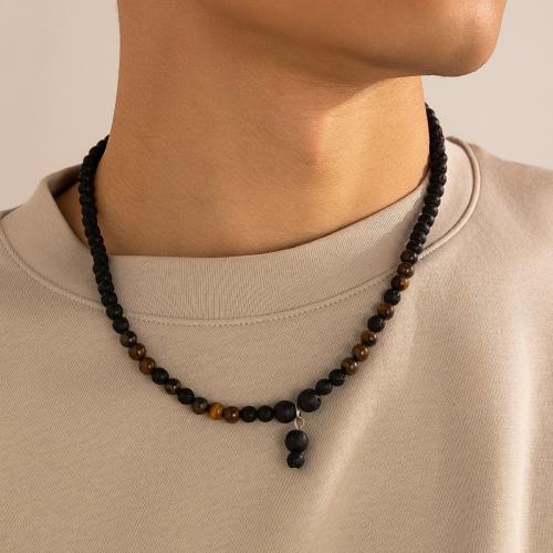 Lava Beads Necklace, Zinc Alloy, with Lava, silver color plated, for man, brown [