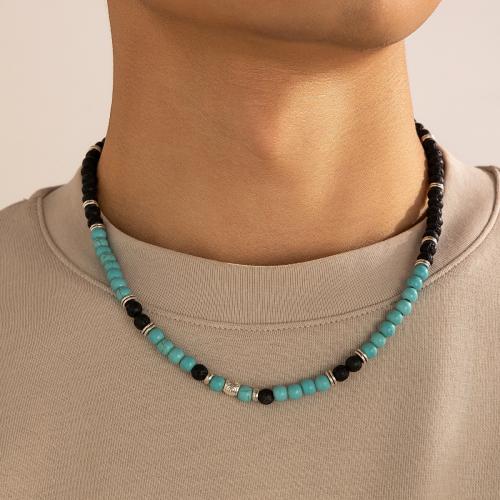 Gemstone Necklaces, Zinc Alloy, with Lava & Tiger Eye, silver color plated, for man 