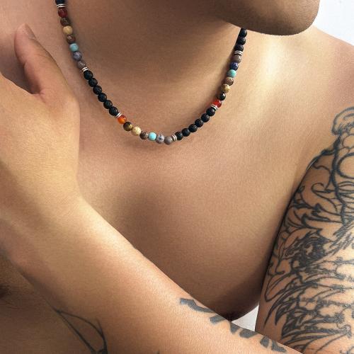 Edelstein Halsketten, Zinklegierung, mit Glasperlen & Türkis & Lava, mit Verlängerungskettchen von 7.5CM, silberfarben plattiert, für den Menschen, gemischte Farben, Länge:47.5 cm, verkauft von PC