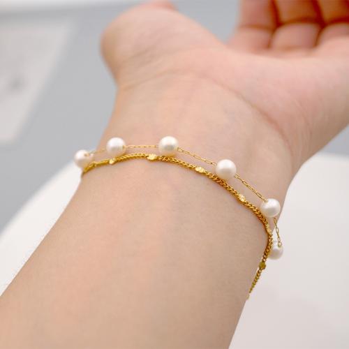 Bracelets perles de pierres semi-précieuses, Acier titane, avec perle d'eau douce cultivée & grenat, avec 3.5cm chaînes de rallonge, Placage, bijoux de mode, plus de couleurs à choisir .5 cm, Vendu par PC[