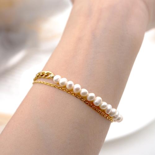 Cultured Freshwater Pearl Bracelets, Titanium Steel, with Freshwater Pearl, plated, fashion jewelry golden, Bracelet length is about 16.5CM+ extension chain 3.5CM, anklet length is about 21.5CM+ extension chain 5.5CM [