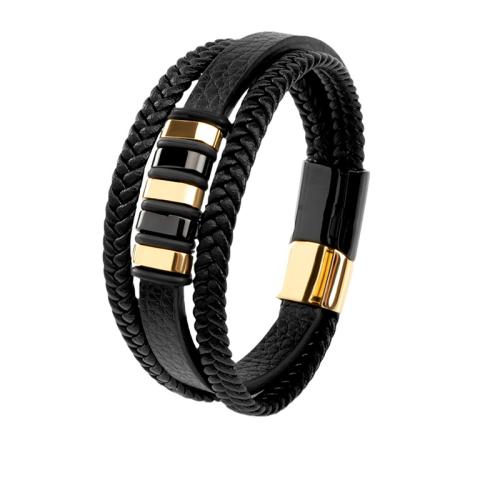 PU Leather Cord Bracelets, 304 Stainless Steel, with Synthetic Leather, plated & for man cm 