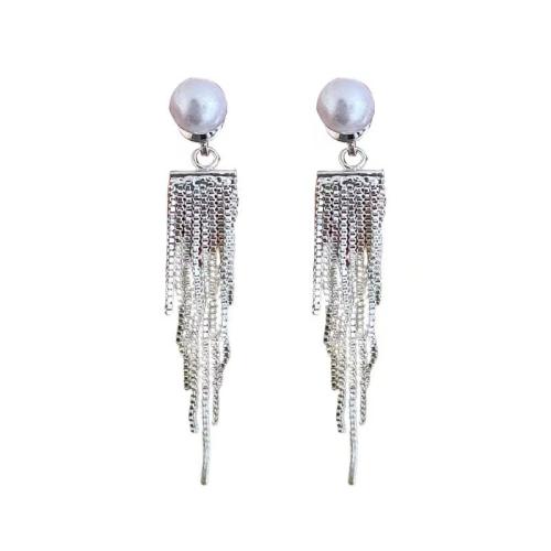 Moda flecos pendientes, aleación de zinc, con Perlas plásticas, Joyería & para mujer, plateado, Vendido por Par