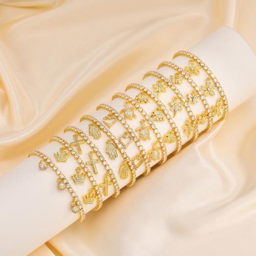 Brass European Bracelet Chain, gold color plated & micro pave cubic zirconia & for woman, golden Approx 12-24 cm 