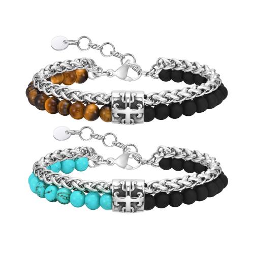 Gemstone Bracelets, 304 Stainless Steel, with turquoise & Tiger Eye & Agate, Double Layer & fashion jewelry & for man Approx 19-22.5 cm 
