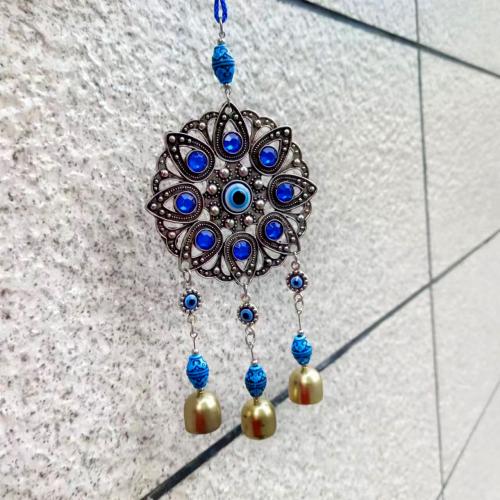 Zinc Alloy Windbell, with Knot Cord & Resin, Flower, plated, for home and office & evil eye pattern & with rhinestone, blue 