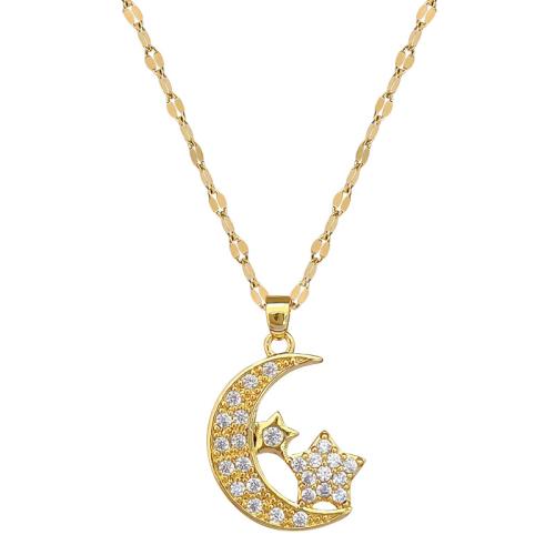 Stainless Steel Jewelry Necklace, 304 Stainless Steel Chain, with Brass, with 5cm extender chain, Moon and Star, gold color plated, fashion jewelry & micro pave cubic zirconia & for woman cm 