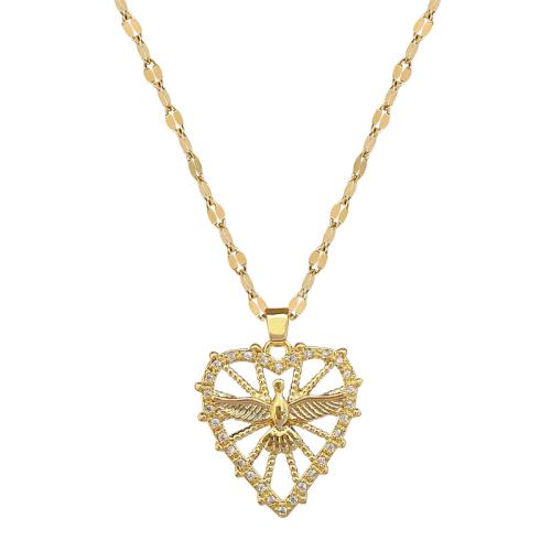 Stainless Steel Jewelry Necklace, 304 Stainless Steel Chain, with Brass, with 5cm extender chain, Heart, gold color plated, fashion jewelry & micro pave cubic zirconia & for woman cm 