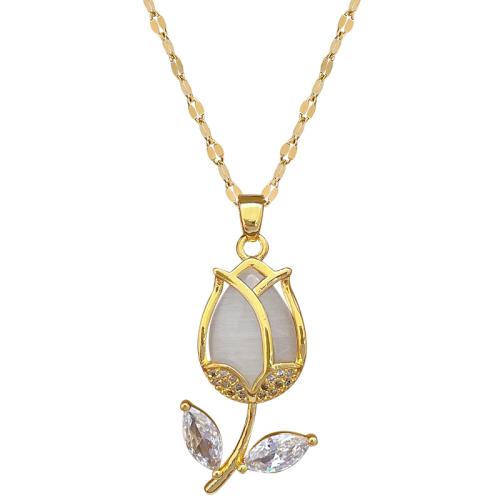 Stainless Steel Jewelry Necklace, 304 Stainless Steel Chain, with Brass, with 5cm extender chain, Tulip, gold color plated, fashion jewelry & micro pave cubic zirconia & for woman cm 