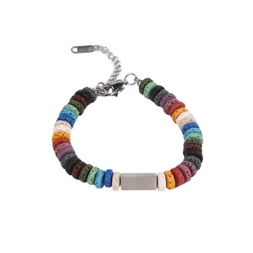 Lava Bead Bracelet, 304 Stainless Steel, with Elastic Thread & Wax Cord & Lava, with 5cm extender chain, Unisex multi-colored cm 