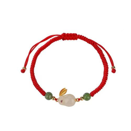 Cotton Cord Bracelet, with Hetian Jade & Red Agate & Zinc Alloy, handmade & for woman Approx 6-10 Inch 