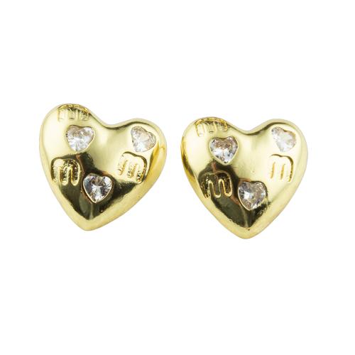 Boucles d'oreilles en laiton zircon cubique pavent, coeur, couleur de haute qualité d'or plaqué, bijoux de mode & pavé de micro zircon & pour femme Vendu par paire