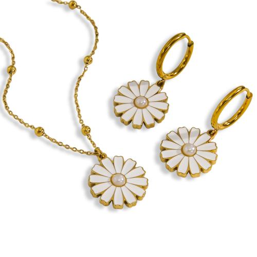 Enamel Stainless Steel Jewelry Sets, 304 Stainless Steel, earring & necklace, with Shell Pearl, Daisy, Vacuum Ion Plating, fashion jewelry & for woman 