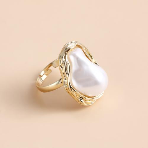 Bague en plastique perle en alliage de zinc, avec perle de plastique, Placage de couleur d'or, pour femme, blanc, Vendu par PC