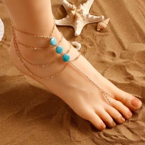 Zinc Alloy Anklet, with turquoise, gold color plated, multilayer & for woman, green 