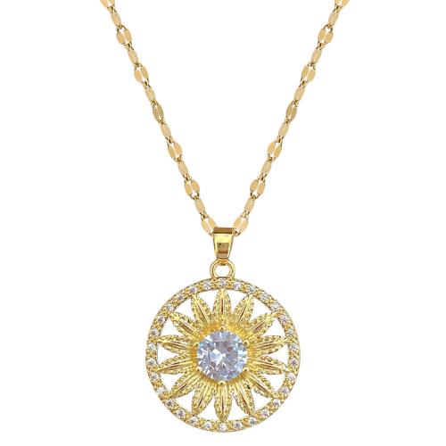 Cubic Zirconia Stainless Steel Necklace, 304 Stainless Steel Chain, with Brass, with 5cm extender chain, Flower, gold color plated, fashion jewelry & micro pave cubic zirconia & for woman cm 
