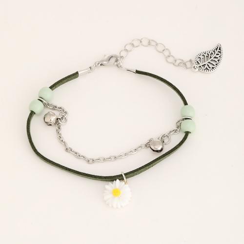 Acrylic Zinc Alloy Bracelets, with Synthetic Leather & Porcelain & Acrylic, plated, for woman, green cm 