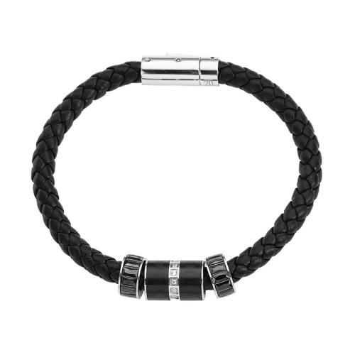 PU Leather Cord Bracelets, Titanium Steel, with leather cord & Crystal, polished & micro pave cubic zirconia & for man, black 
