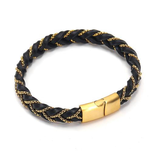 PU Leather Cord Bracelets, with 304 Stainless Steel, Vacuum Ion Plating, fashion jewelry & for man 10mm, Inner Approx 64mm 