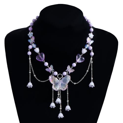 Resin Zinc Alloy Necklace, with Resin, Butterfly, silver color plated, for woman [