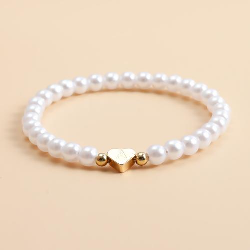 Plastic Pearl Bracelets, Zinc Alloy, with Plastic Pearl, Heart, gold color plated, for woman, white 