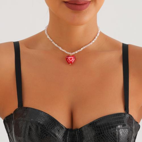 Glass Zinc Alloy Necklace, with Glass, Heart, plated, for woman, red 