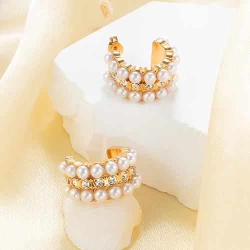 Stainless Steel Rhinestone Stud Earring, 304 Stainless Steel, with Plastic Pearl, plated, for woman & with rhinestone 