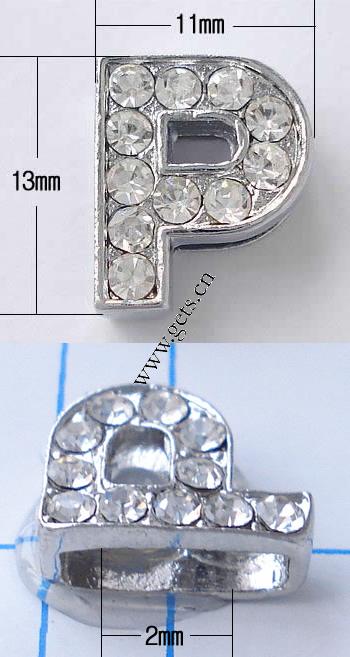 Zinc Alloy Letter Slide Charm, Letter P, plated, with Mideast rhinestone, more colors for choice, nickel, lead & cadmium free, Grade A, 13x11mm, Hole:Approx 2mm, Sold By PC
