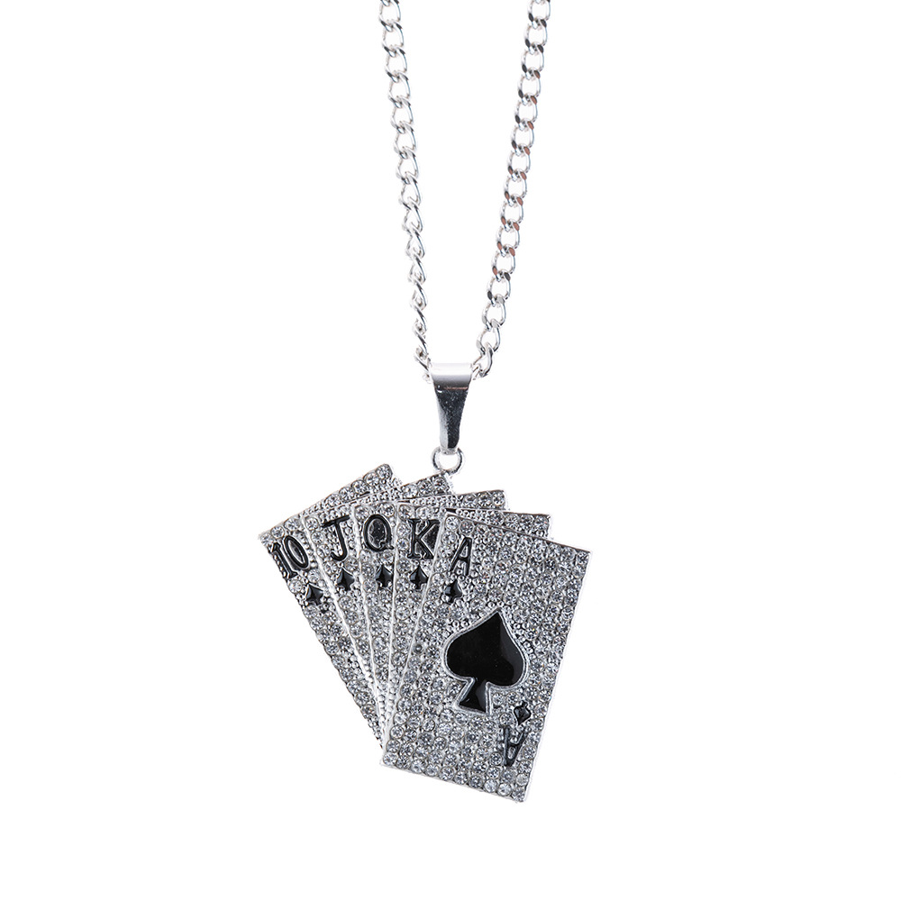 A silver playing card necklace with diamonds