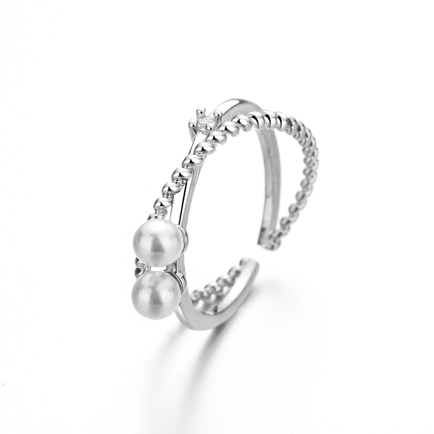 Double cross pearl ring (white gold) with adjustab