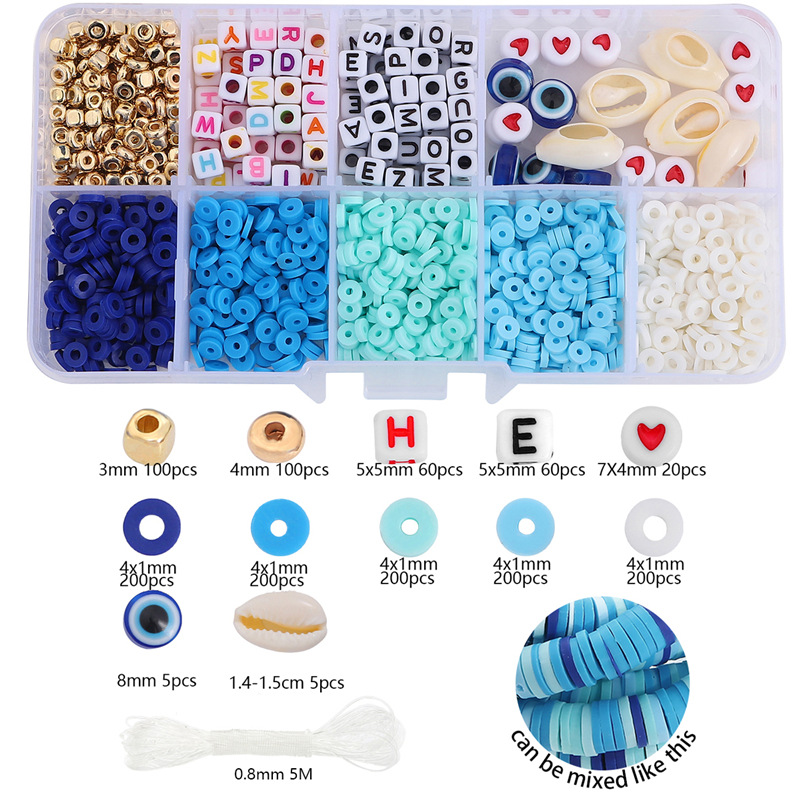 4mm soft pottery + letter beads + accessories blue