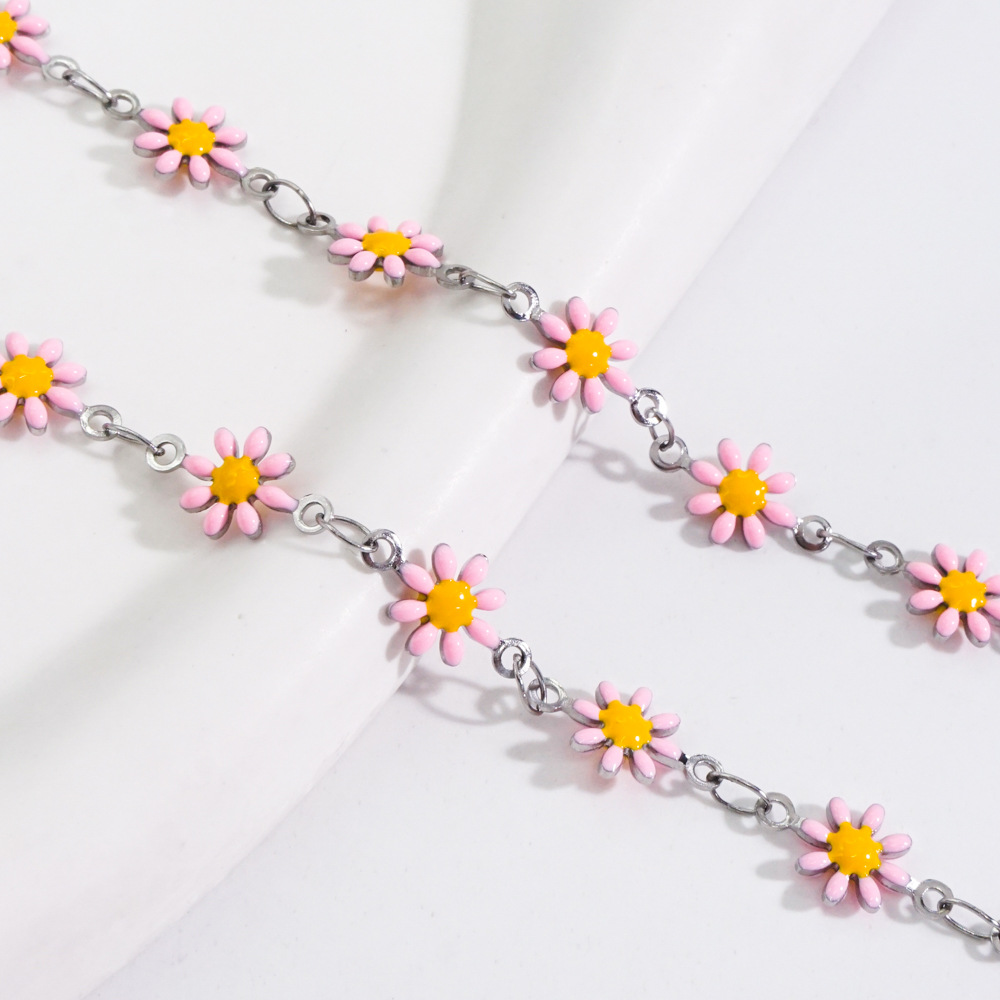 Steel color chain - pink flower