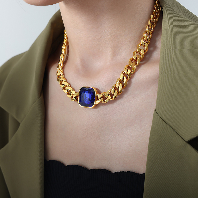 Gold blue crystal necklace :39-5cm