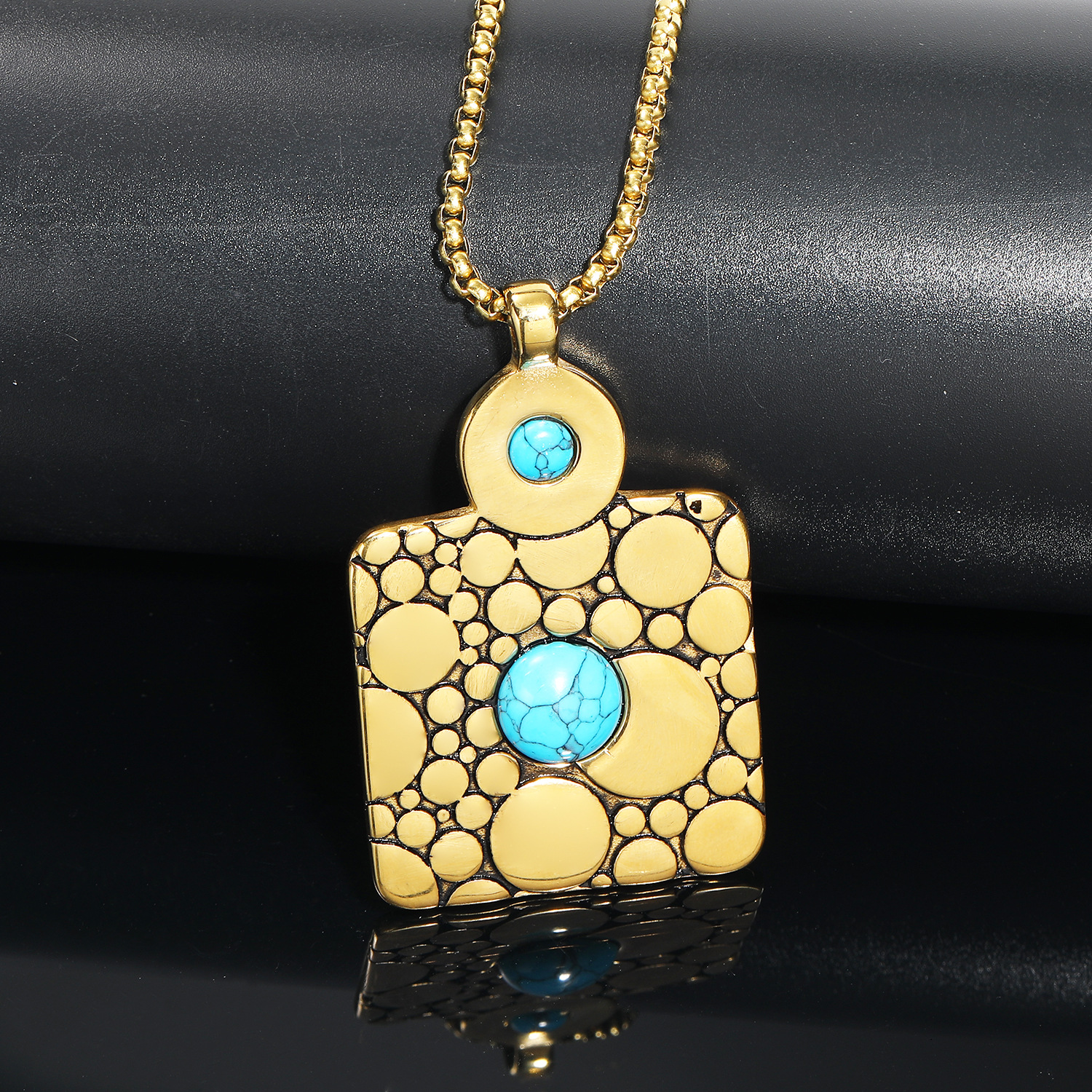Gold turquoise pendant + gold 60CM square pearl ch