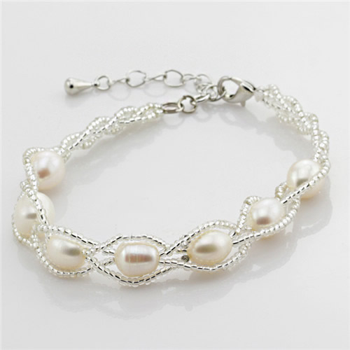 Freshwater Cultured Pearl Bracelet Freshwater Pearl with Glass Seed Beads brass lobster clasp with 5cm extender chain Teardrop natural 7-8mm Sold Per Approx 7.5 Inch Strand